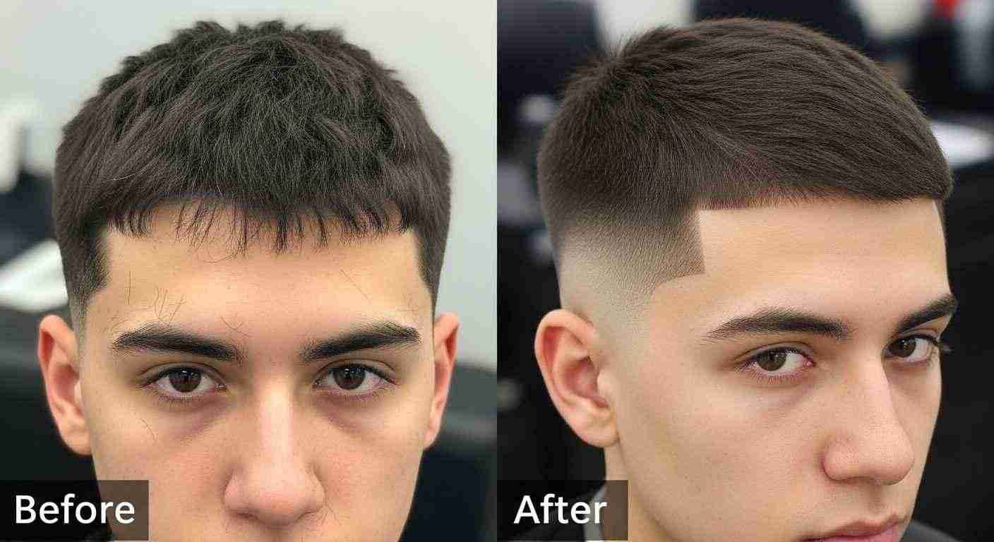 Buzz Cut Styles for Men complete haircut guide 25 Before and after images showing a man's haircut, highlighting the transformation in style and length.