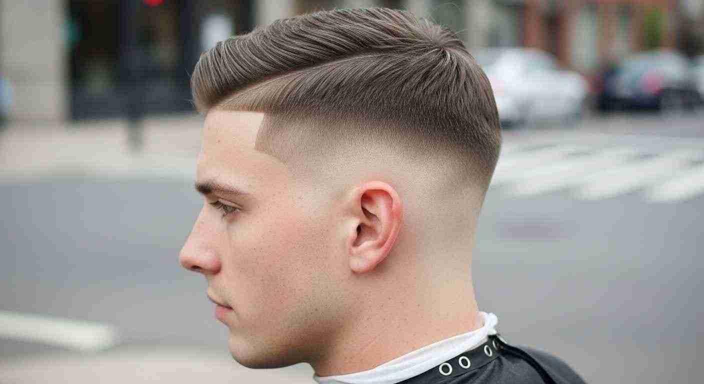 Buzz Cut Styles for Men complete haircut guide 15 . A man with a shaved fade buzz cut stands on the street, dressed casually and looking ahead.