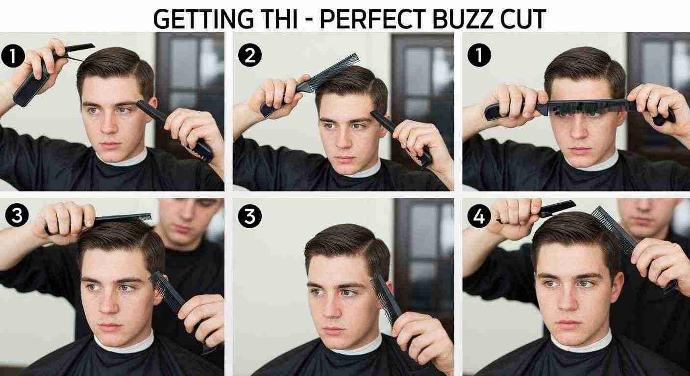 Buzz Cut Styles for Men complete haircut guide 17 Step-by-step guide illustrating how to achieve the perfect buzz cut with tools and techniques.