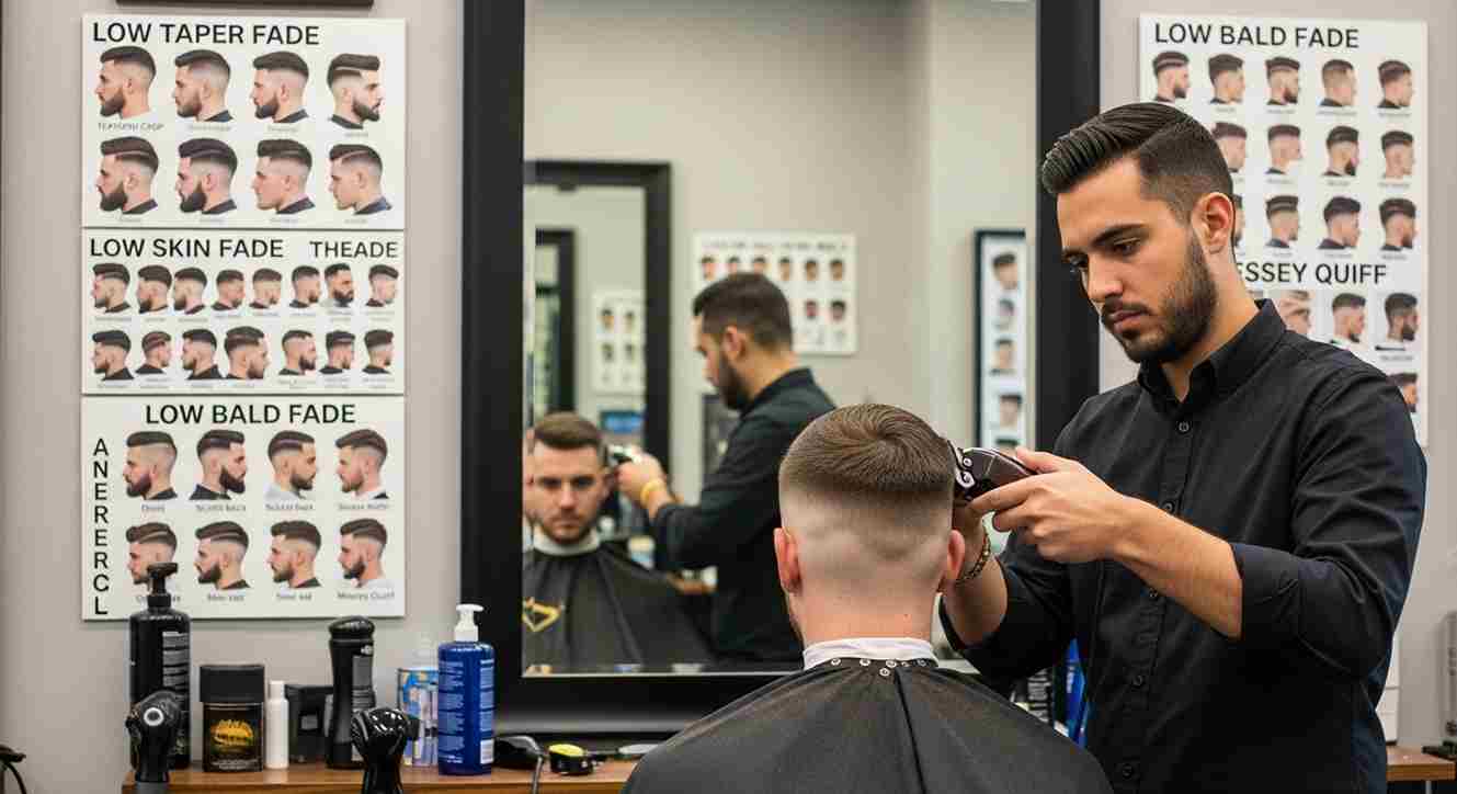 A man receives a low fade haircut from another man in a barbershop setting.