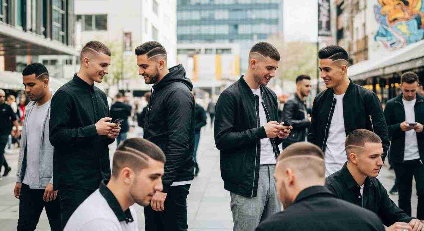 Buzz Cut Styles for Men complete haircut guide 7 A line of men in black jackets and white shirts, representing modern-day popularity and style.