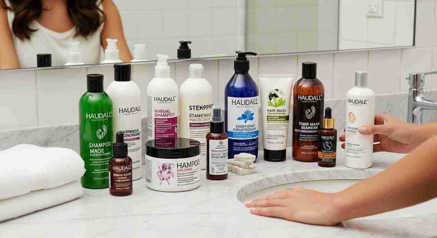 A woman is inserting her hair into a bottle, showcasing the application of the Right Hair Products for hair care.