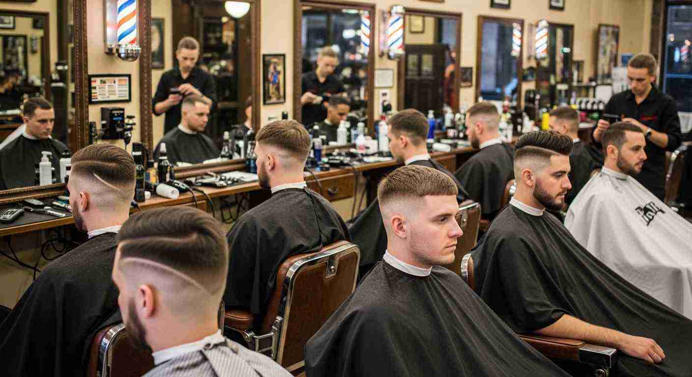 Buzz Cut Styles for Men complete haircut guide 9 A group of men in a barber shop showcasing various styles of buzz cuts during a grooming session.