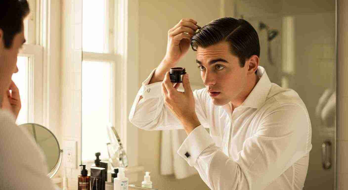 Ivy League Hairstyle The Timeless Cut Every Man Should Try 1 A man with an Ivy League hairstyle sits in a barber shop, looking at his reflection in the mirror.