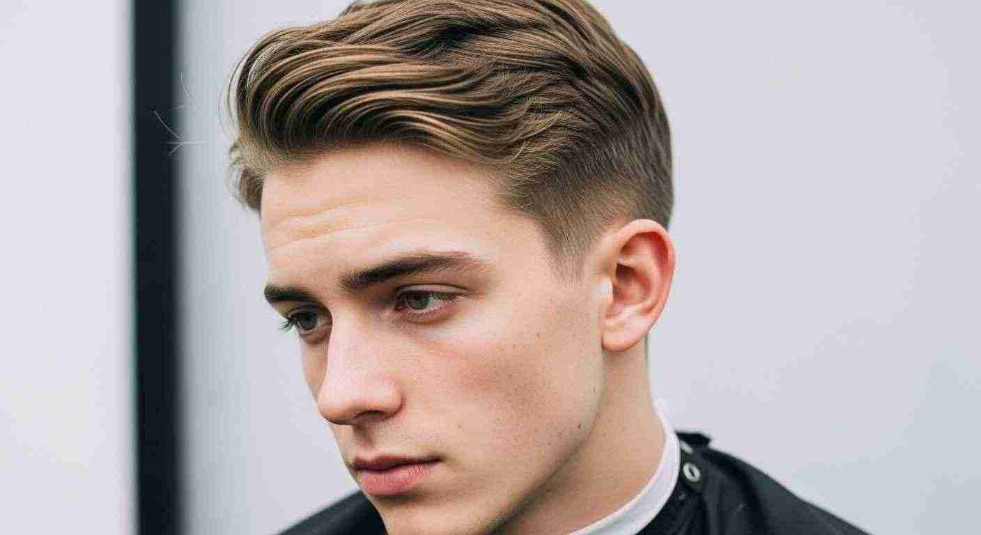 Ivy League Hairstyle The Timeless Cut Every Man Should Try 15 A young man with a faded Ivy League hairstyle and wavy hair, showcasing a stylish and modern look.