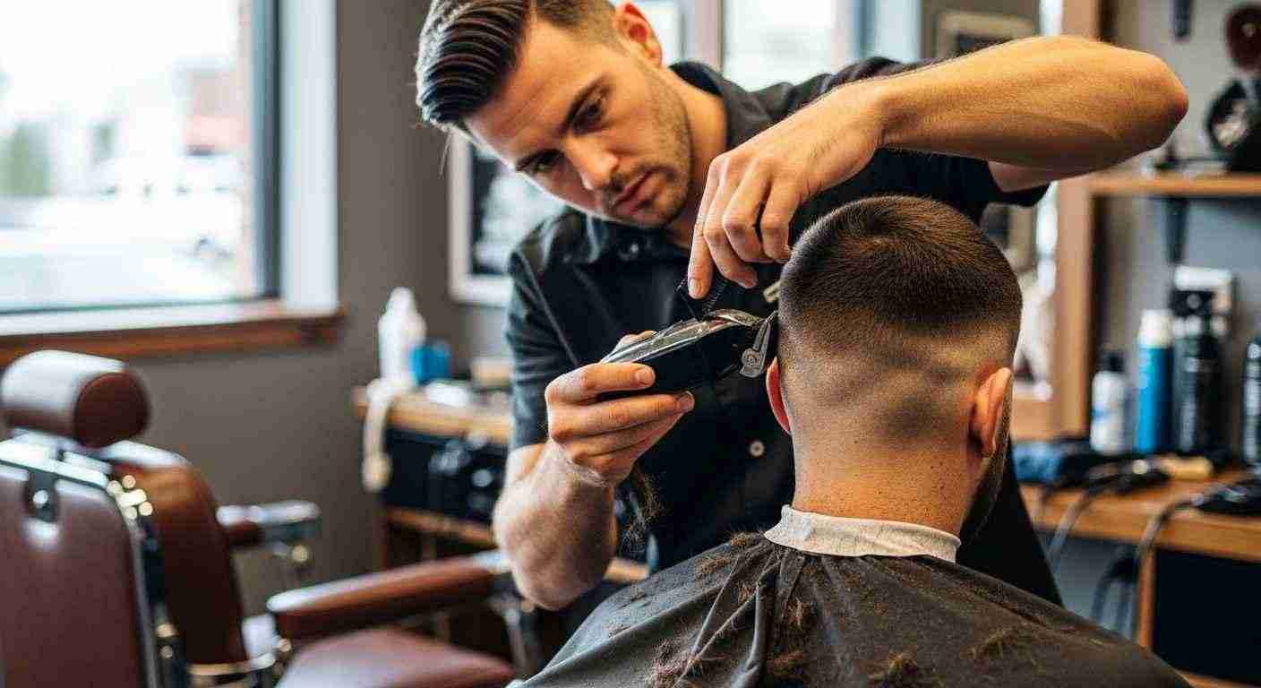 Buzz Cut Styles for Men complete haircut guide 23 . A man sits in a barber's chair while a barber trims his hair with scissors.