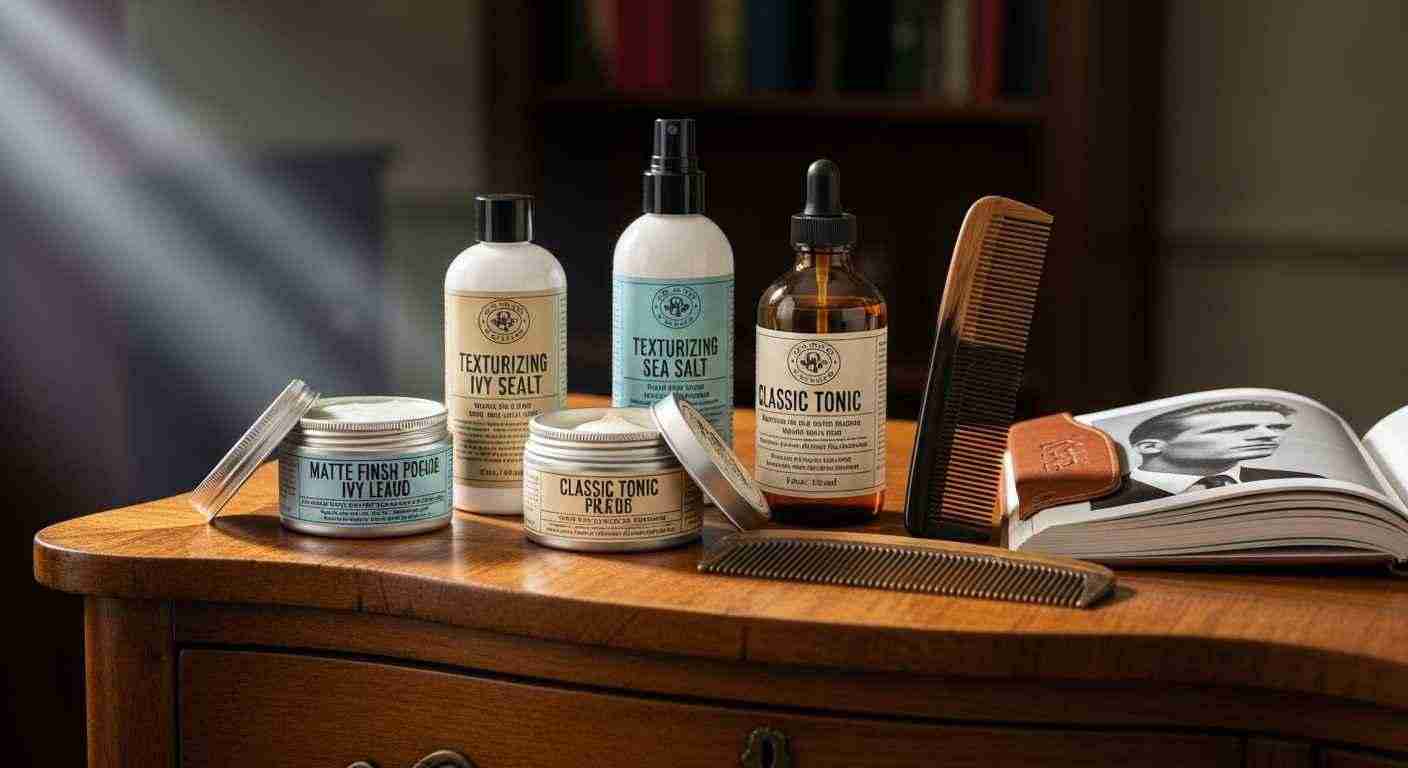 Ivy League Hairstyle The Timeless Cut Every Man Should Try 5 A collection of hair products displayed for achieving a natural finish Ivy League hairstyle on a wooden surface.
