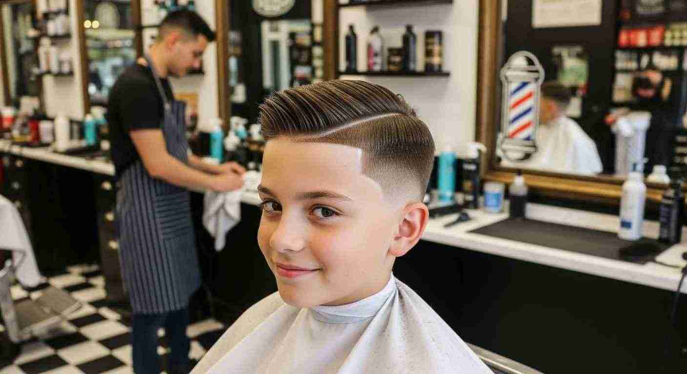 A young boy receives a haircut for a side part style at a barber shop, sitting in a chair with a cape on.