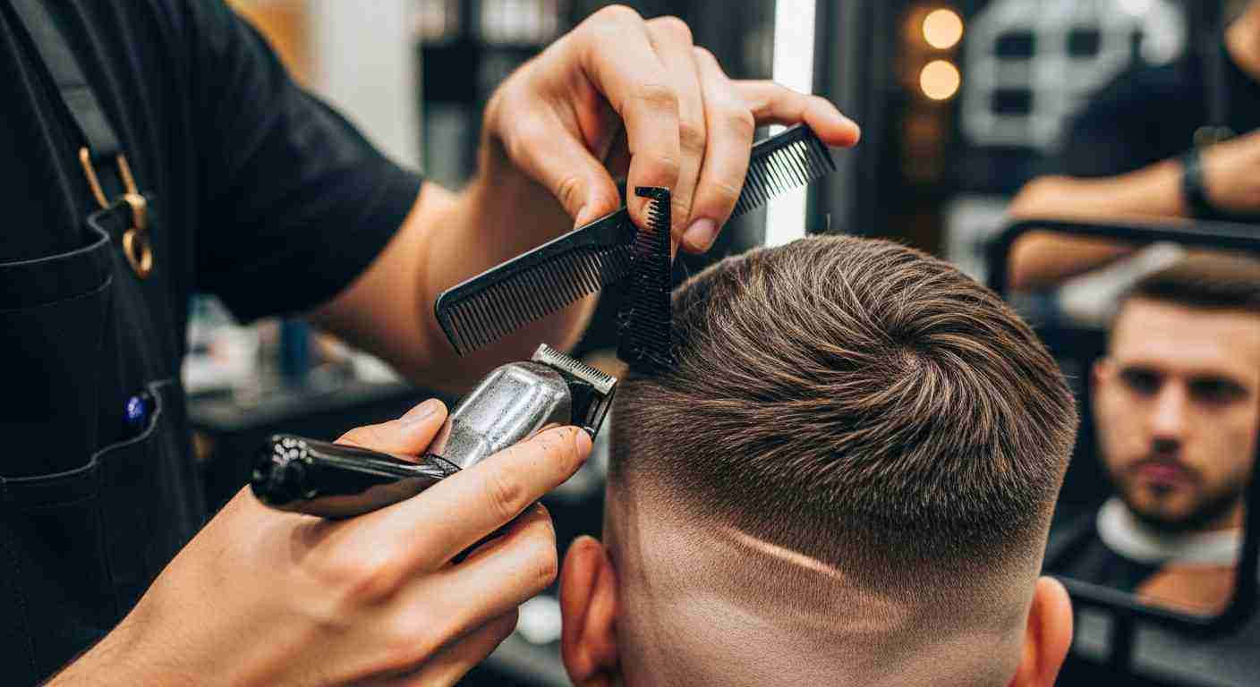 A man is giving a high fade haircut to another man, focusing on maintenance and touch-ups.