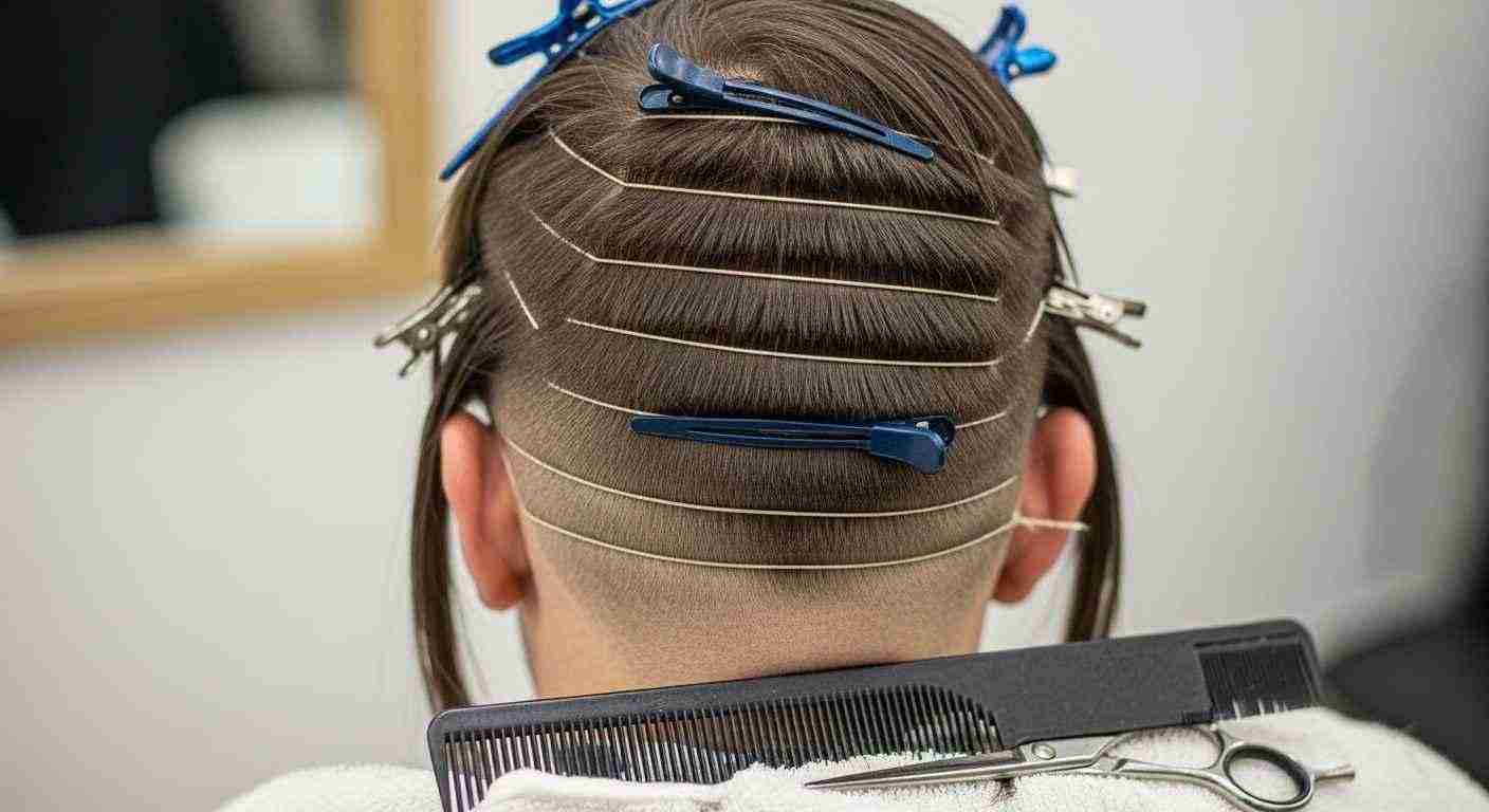 Buzz Cut Styles for Men complete haircut guide 21 1. A woman with a comb in her hair sits in a salon chair while getting her hair cut by a stylist.