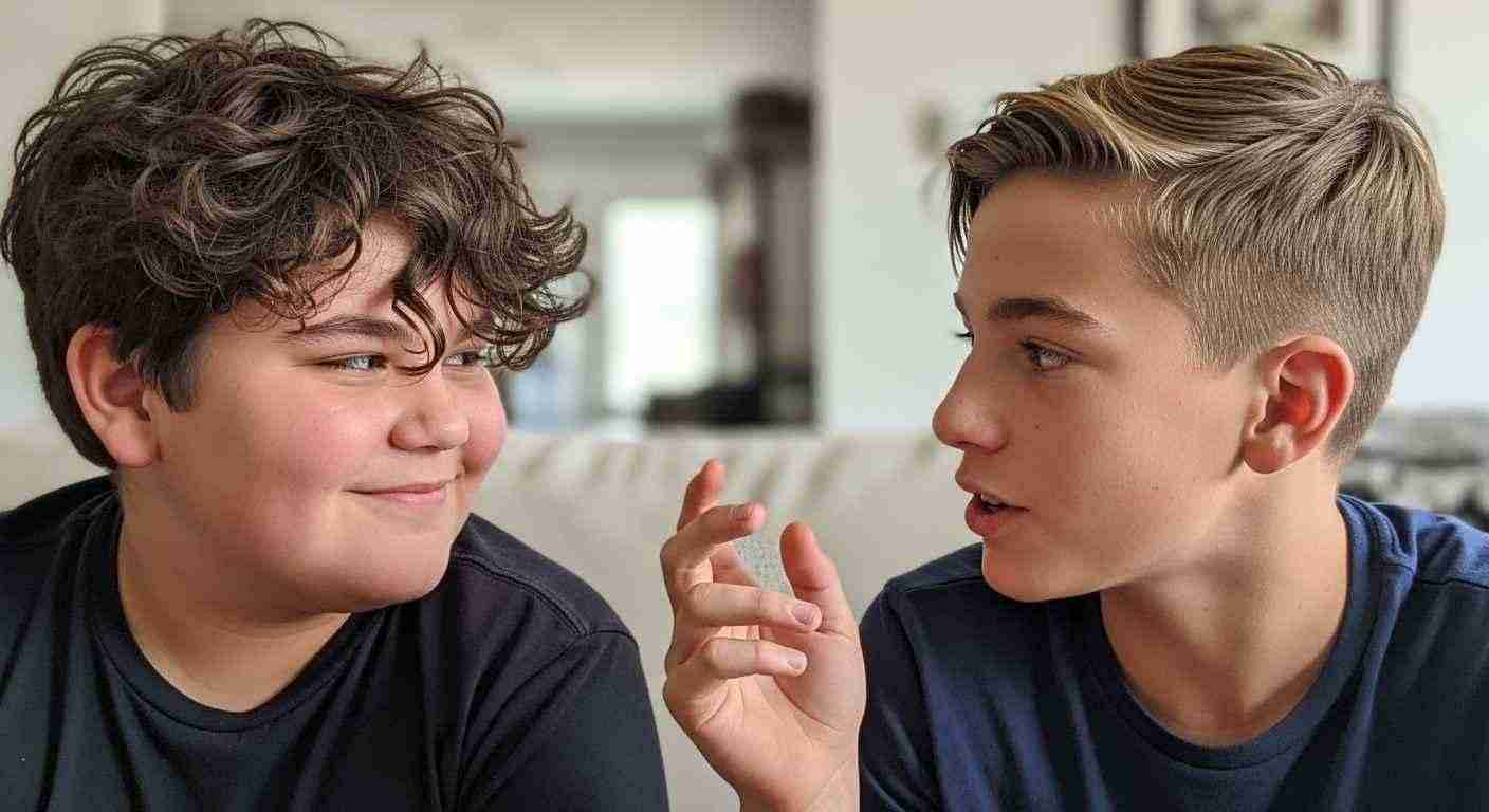  Two boys with different face shapes and hair textures sit on a couch, engaged in conversation.