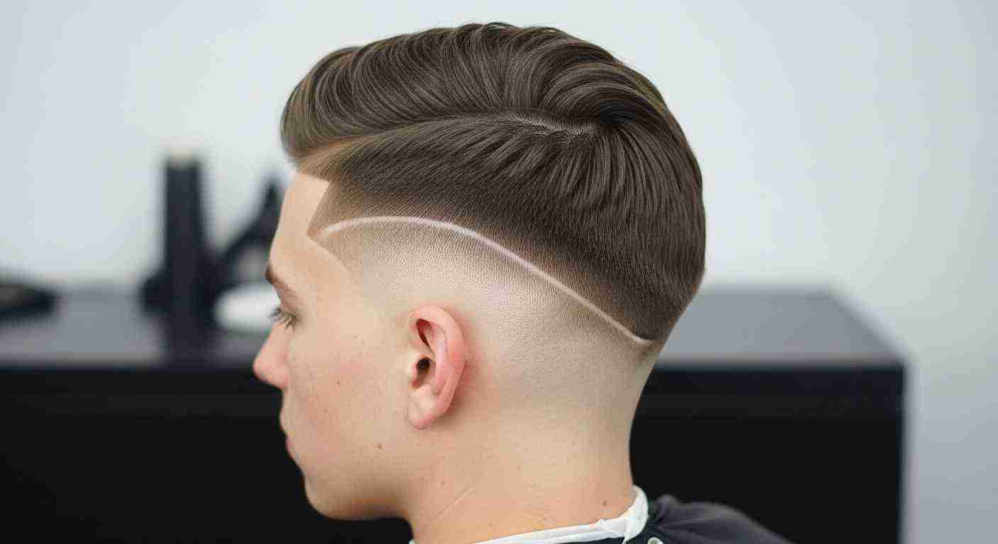 A man with a fade haircut sits in a barber shop, showcasing a style that complements his head shape