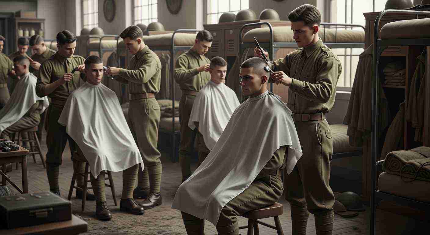 Buzz Cut Styles for Men complete haircut guide 3 A group of uniformed men receiving haircuts in a barbershop setting.