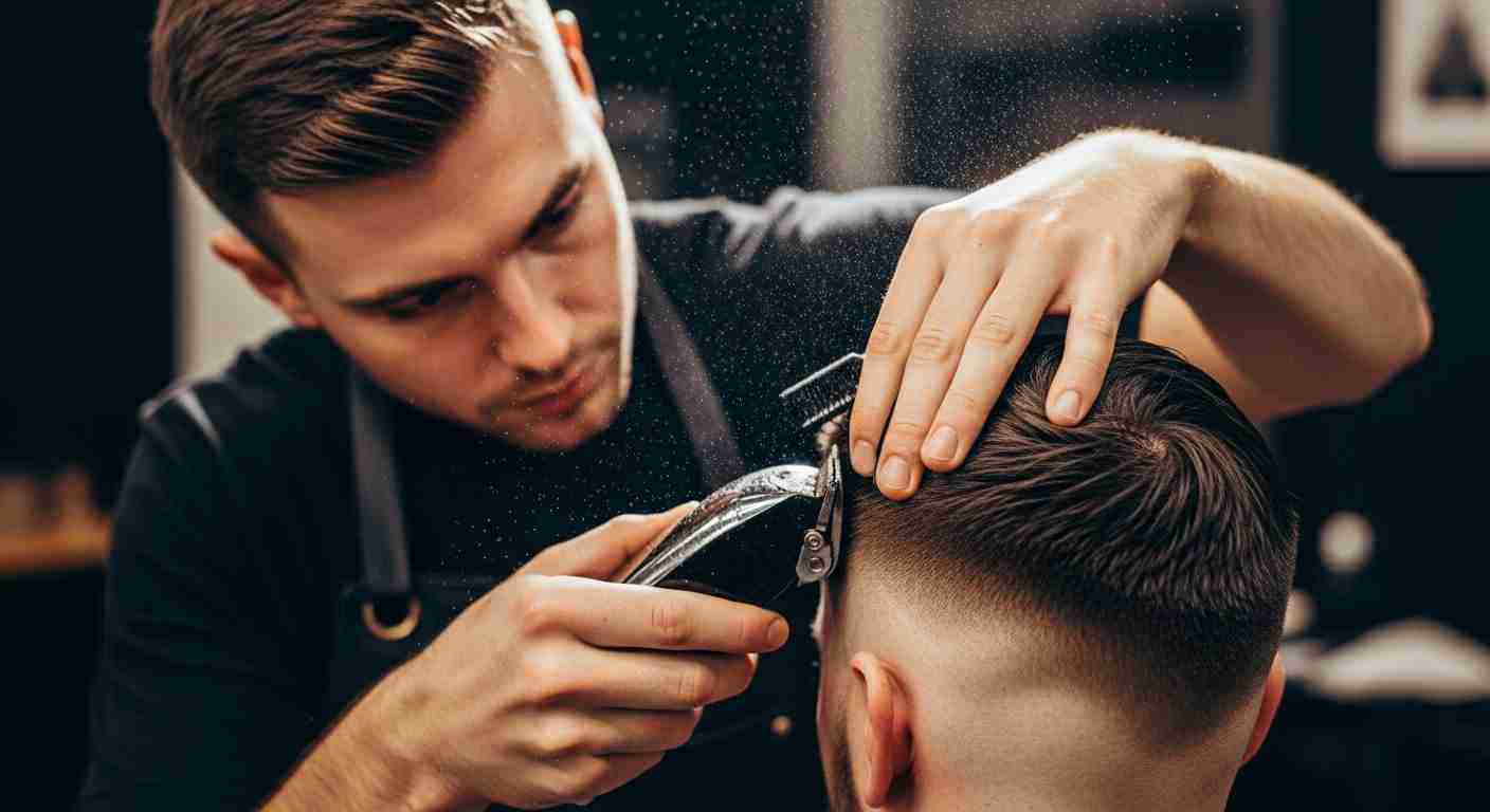 A man is using a razor to cut another man's hair, emphasizing the importance of regular trims for a fresh fade.