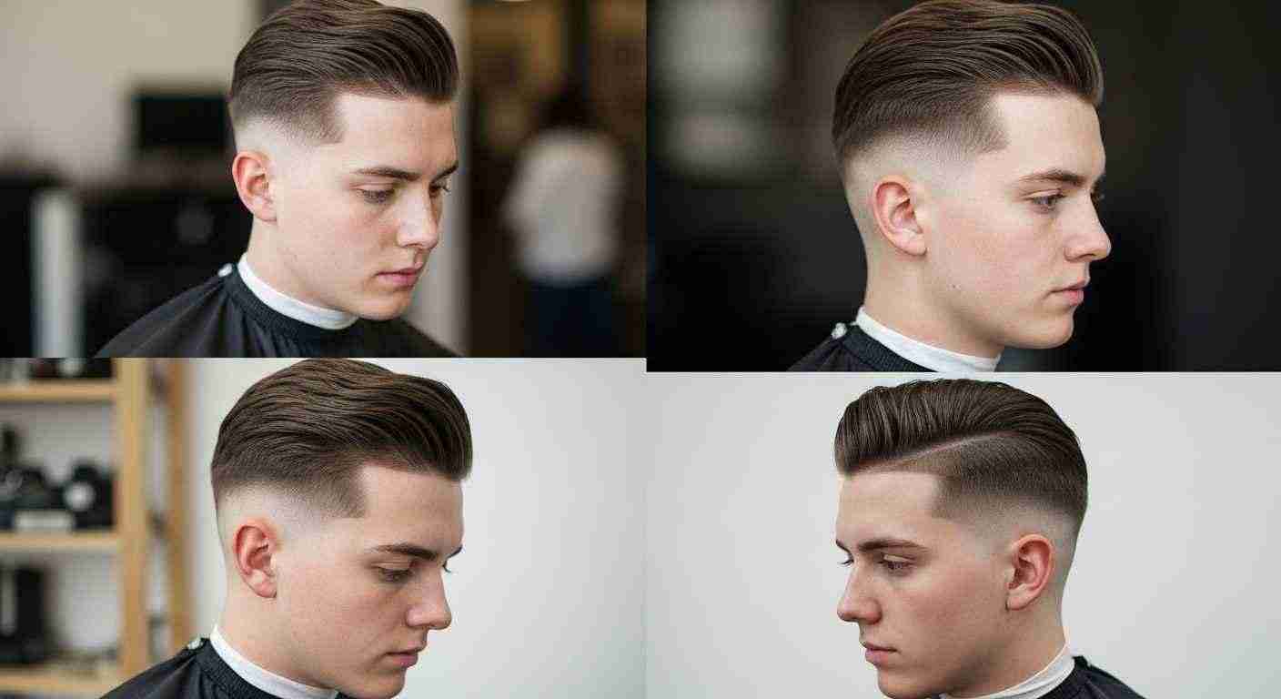 Four images of a man showcasing a balanced mid fade haircut, highlighting versatility for various occasions.