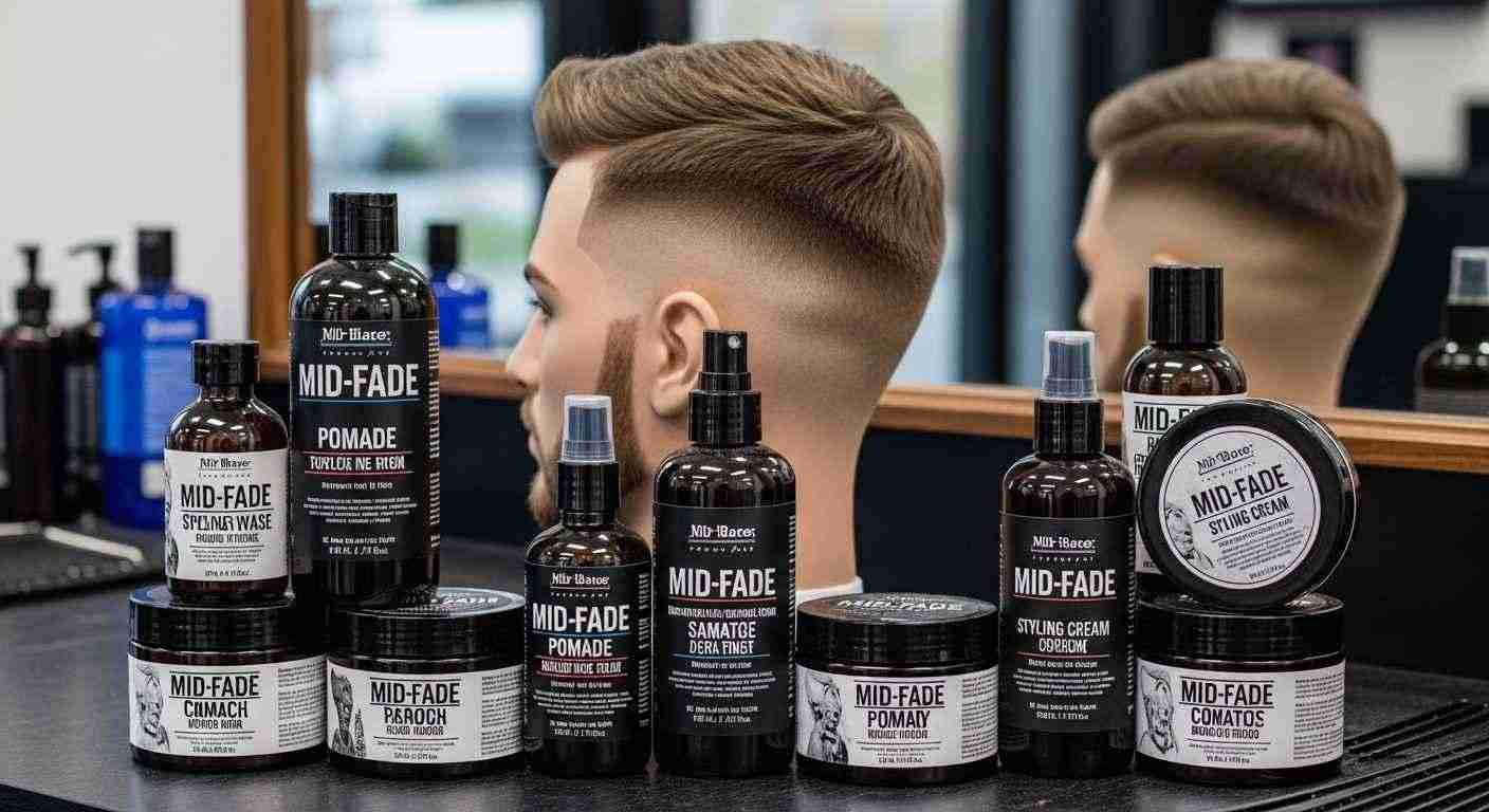 A display of men's hair care products on a counter, featuring items for achieving a mid fade hairstyle.