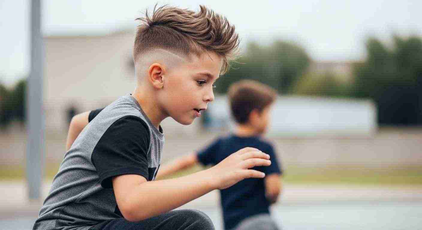  A young boy with a shaved head joyfully playing with a soccer ball, promoting active lifestyle choices.