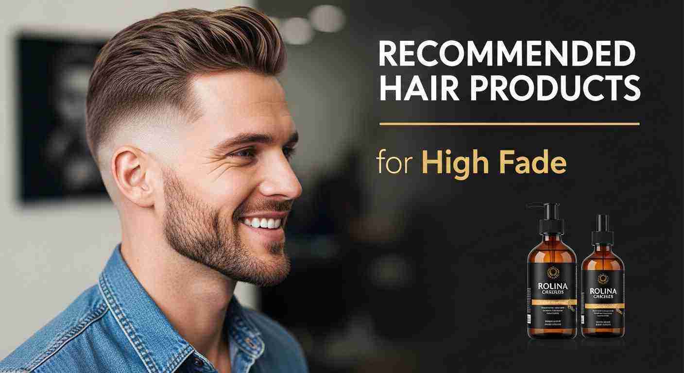 A man with a beard showcasing recommended hair products for achieving a high fade hairstyle.