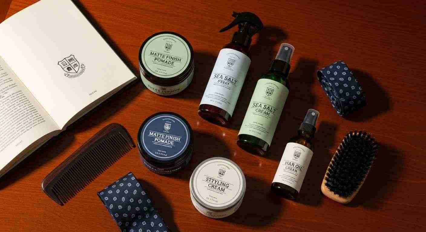 Ivy League Hairstyle The Timeless Cut Every Man Should Try 21 A collection of premium men's grooming products, including haircare essentials for achieving an Ivy League hairstyle.