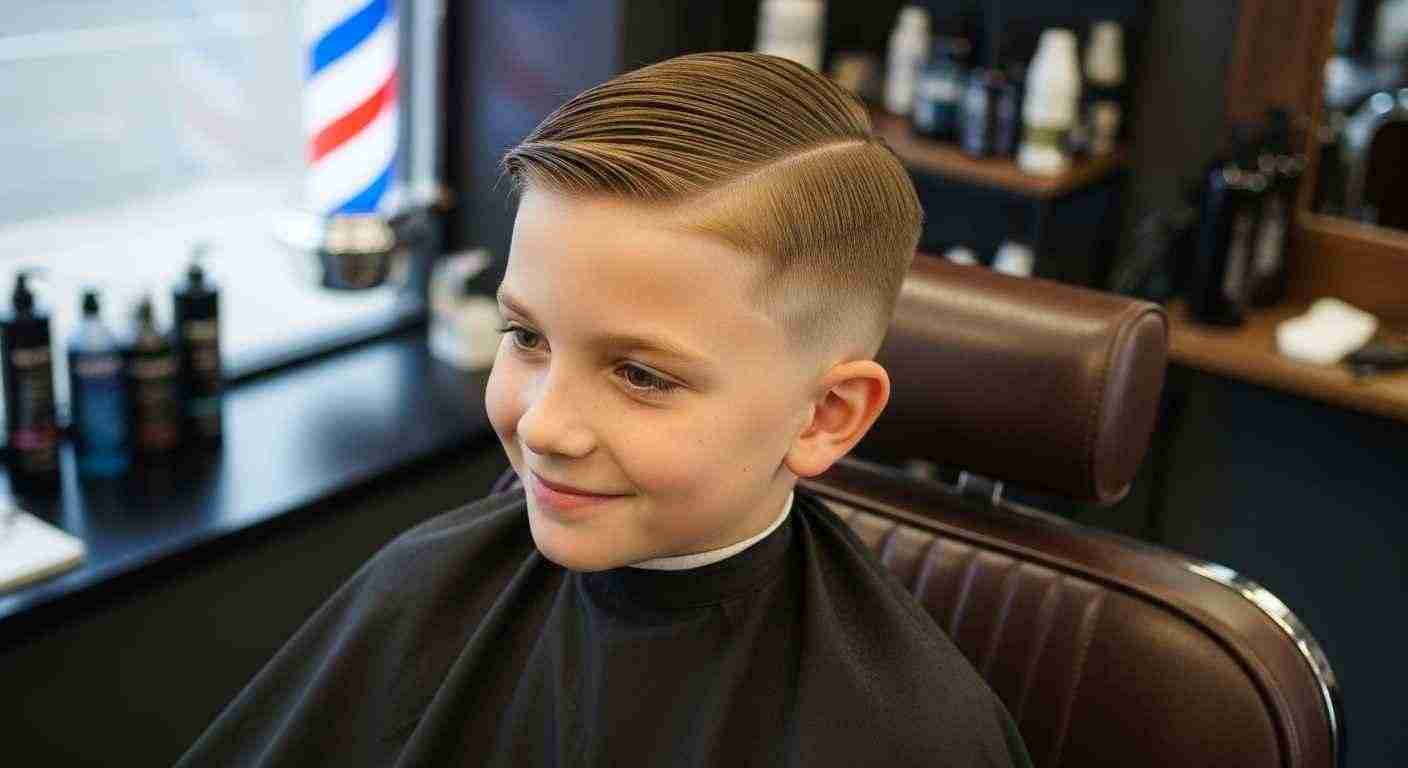 A young boy sits in a chair at the barber, receiving a classic crew cut hairstyle.