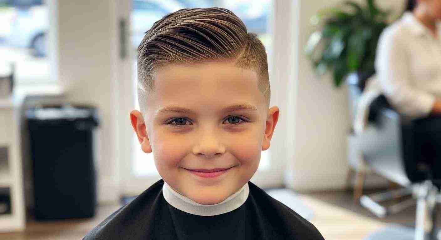 A young boy smiles confidently while getting his hair cut, showcasing his personal style and joy in the moment.