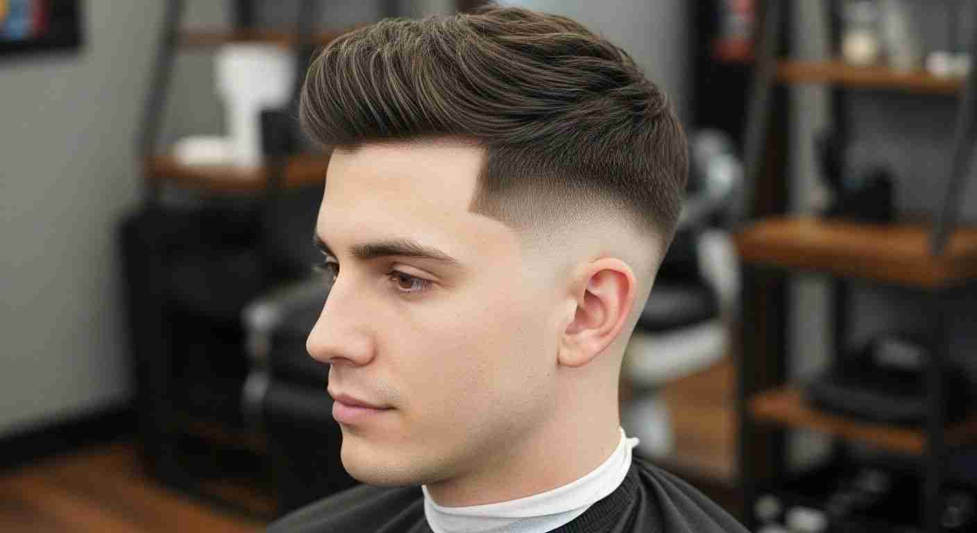 A man with a shaved haircut and low fade sits in a barber shop, surrounded by tools and a mirror.