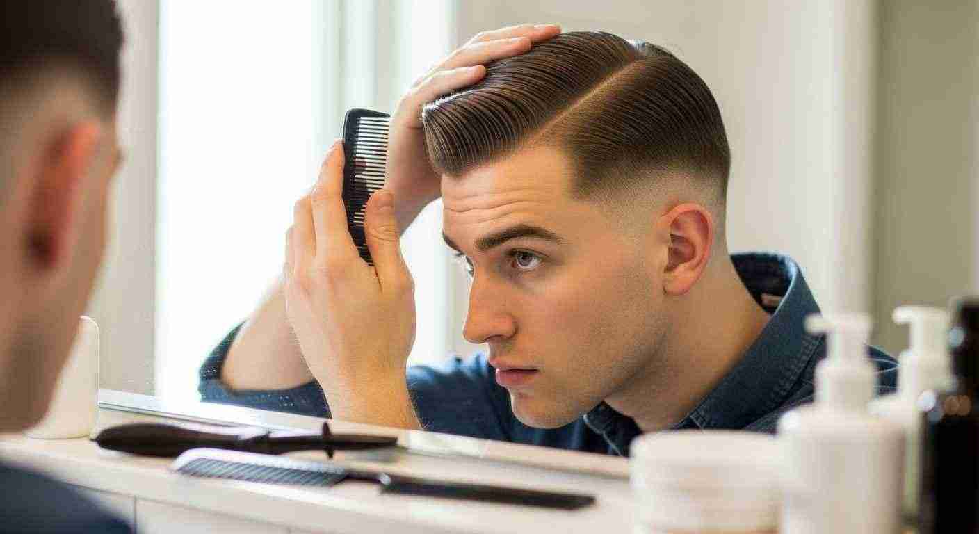 Ivy League Hairstyle The Timeless Cut Every Man Should Try 19 A man styling his Ivy League haircut while combing his hair in front of a mirror.