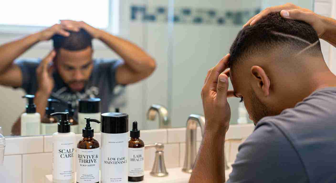 A man combs his hair in front of a mirror, emphasizing the importance of scalp and hair health.