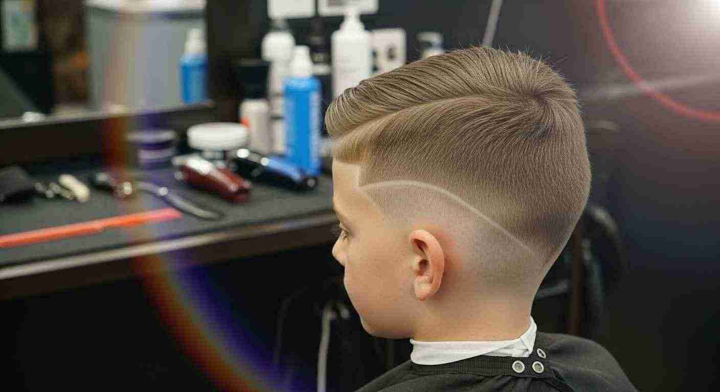 A young boy with a shaved head sits in a barber chair, ready for a Taper Fade haircut. 