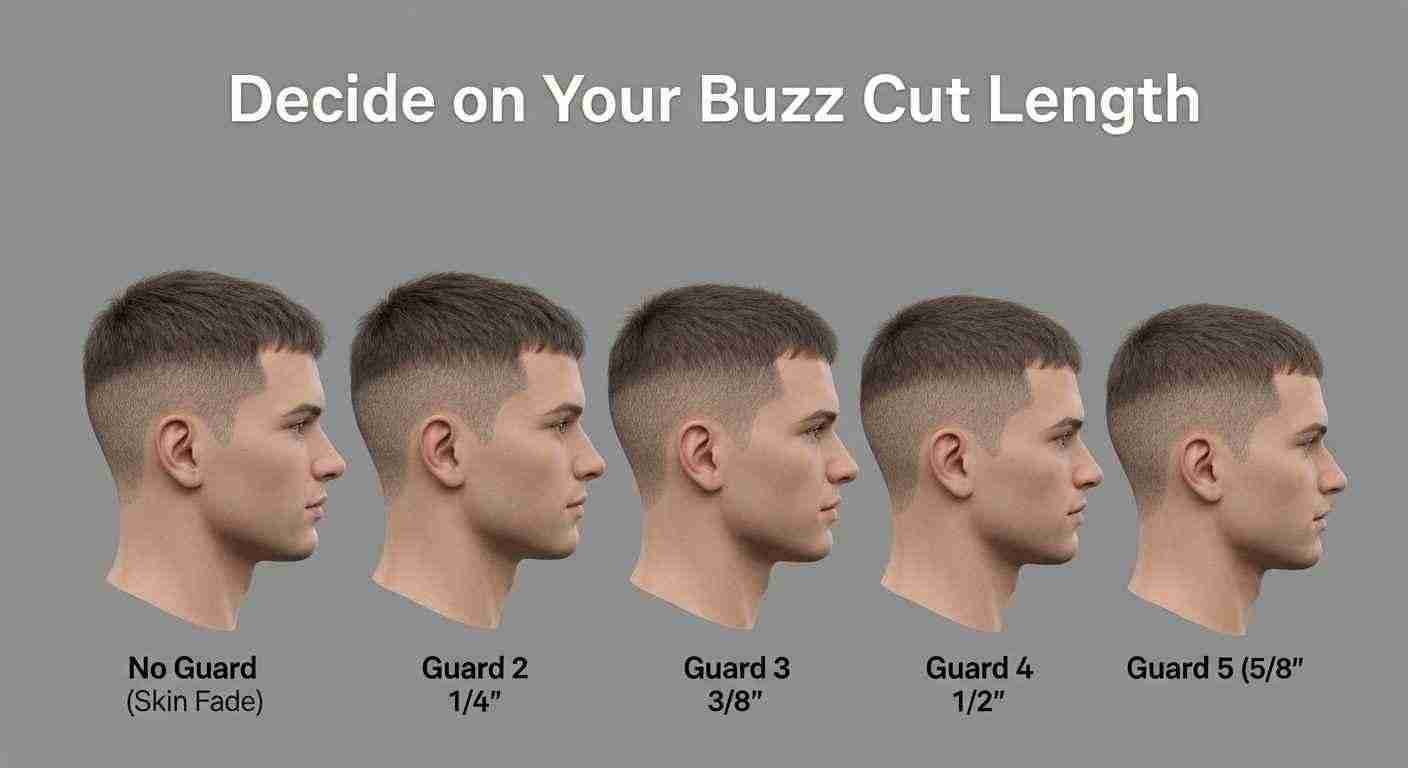 Buzz Cut Styles for Men complete haircut guide 19 A visual comparison of various lengths of a man's buzz cut, showcasing short to medium styles.