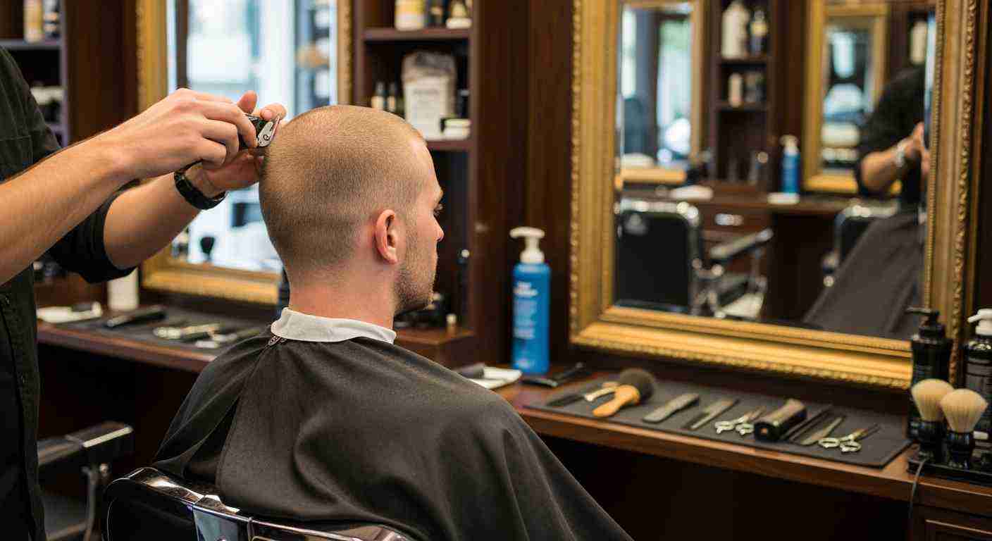 Buzz Cut Styles for Men complete haircut guide 11 A man receiving an induction buzz cut at a barber shop, seated in a chair with a barber working on his hair.