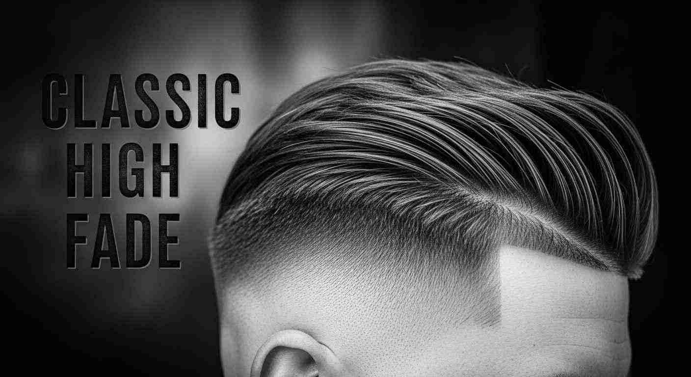 A classic high fade hairstyle featuring short sides and back with longer hair on top, styled for a clean, modern look.