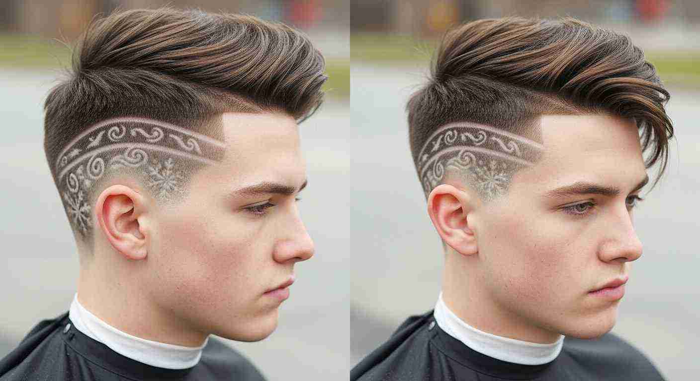 Two images of a man showcasing a mohawk haircut, highlighting seasonal styles and a trendy fade.