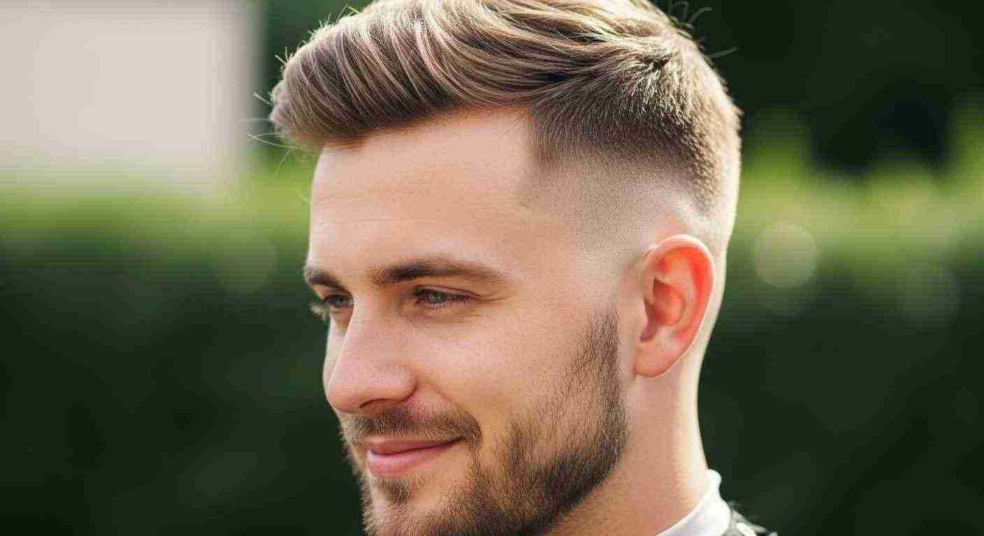 A man with a short fade haircut, featuring closely cropped sides and slightly longer hair on top. 