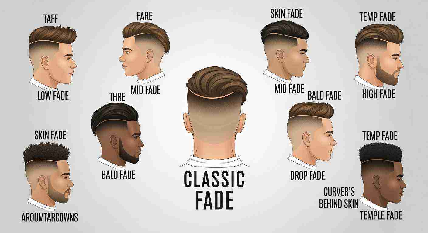 A collage showcasing various men's hairstyles featuring different types of fades for stylish looks.