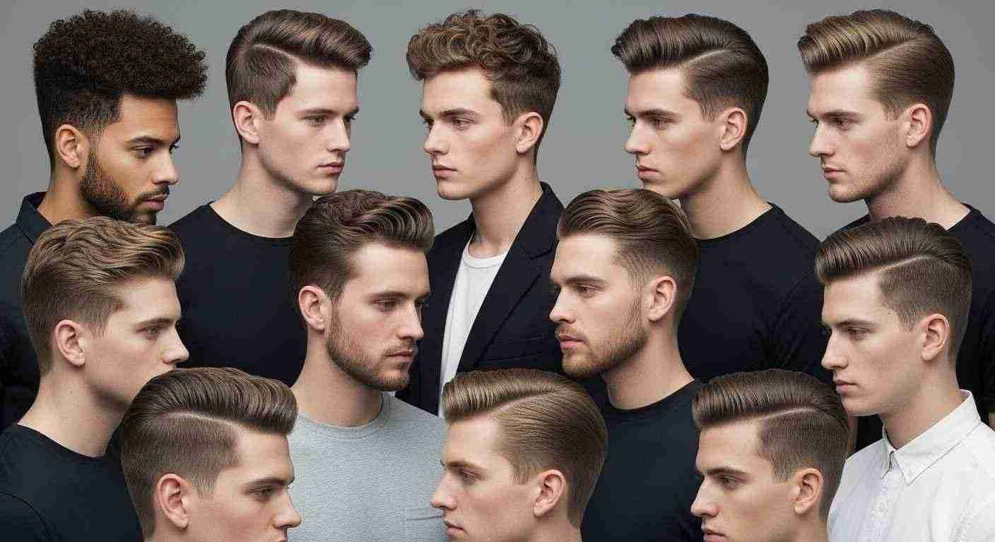 A collage showcasing men with various hairstyles, highlighting the versatility of mid fade haircuts across different hair types.