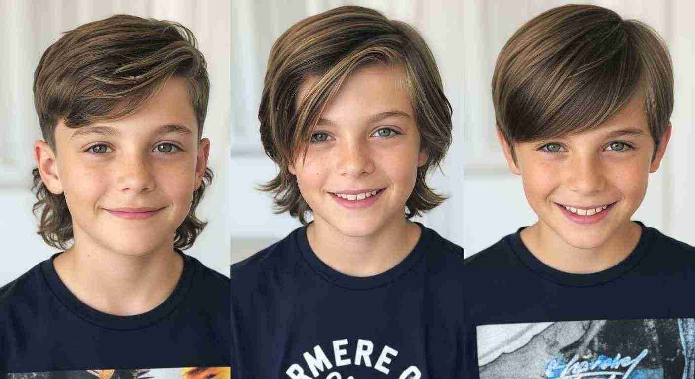 Three boys with varied hairstyles: a modern mullet, layered cut, and fringe; one wears a blue shirt.
