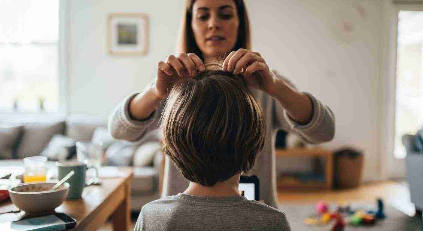A woman gently combs a child's hair in a cozy living room, creating a nurturing and intimate atmosphere.