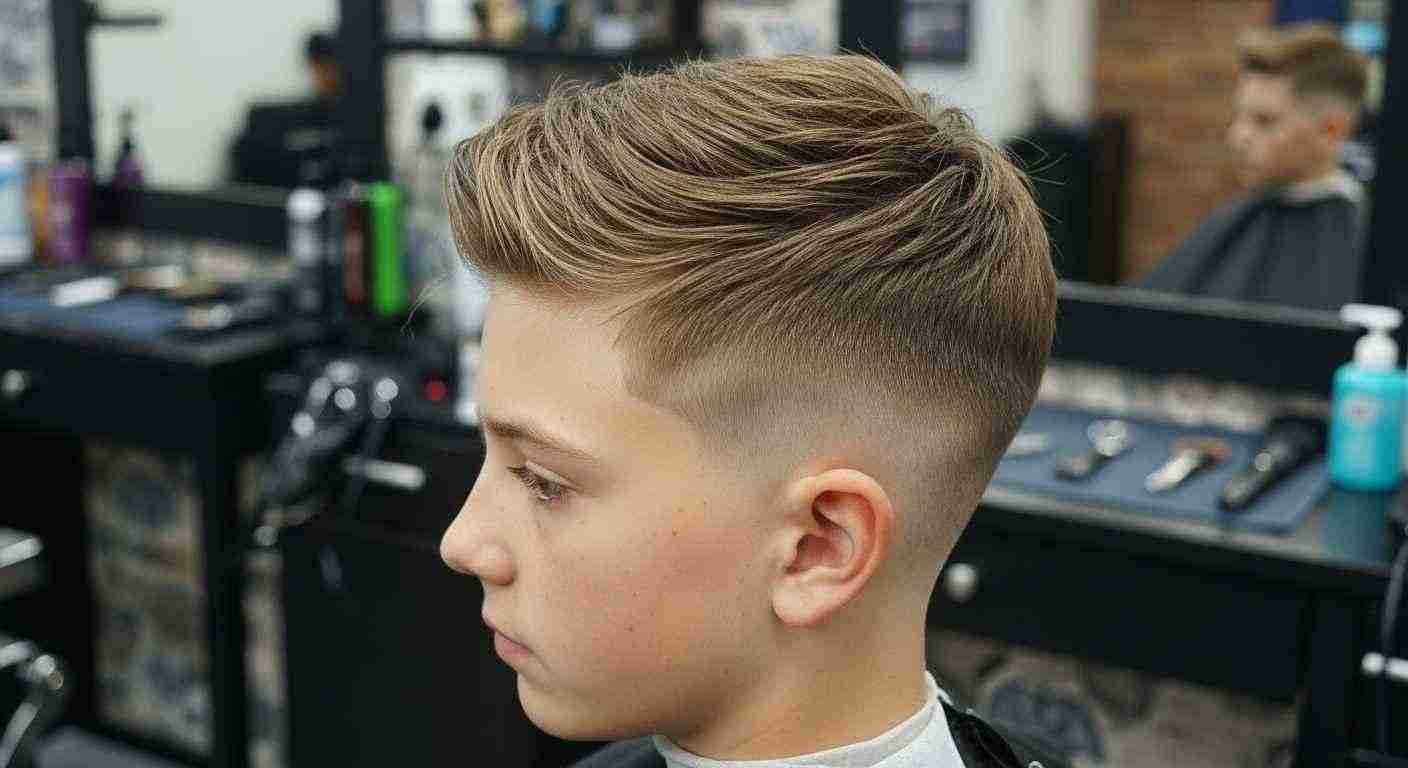 A boy with a short haircut sits in a barber shop, showcasing a stylish Textured Crop haircut for boys.