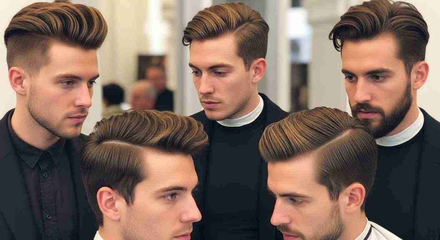 A group of men showcasing various medium hairstyles, including quiff, side part, and comb-over.