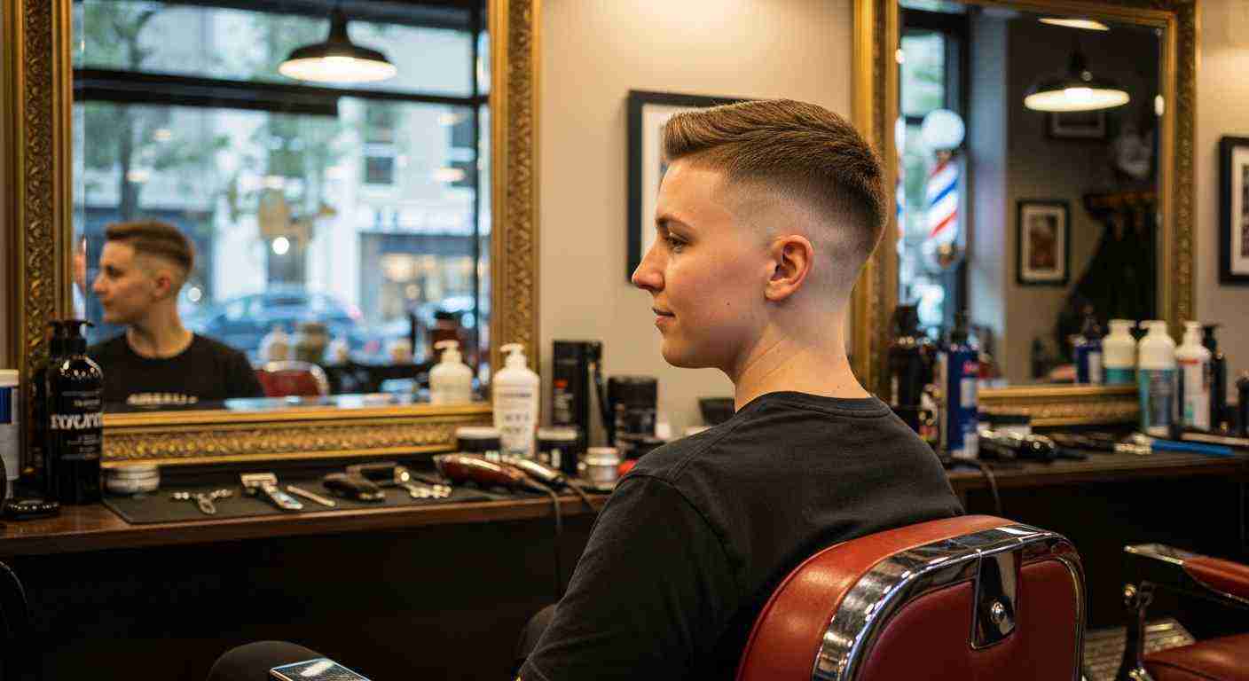 Buzz Cut Styles for Men complete haircut guide 13 A man in a barber chair receiving a crew-inspired buzz cut, focused on the haircut process.