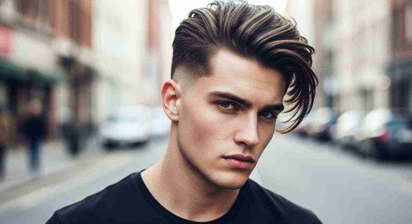  A man with a modern mid fade haircut stands confidently on the street, showcasing a bold and stylish look.