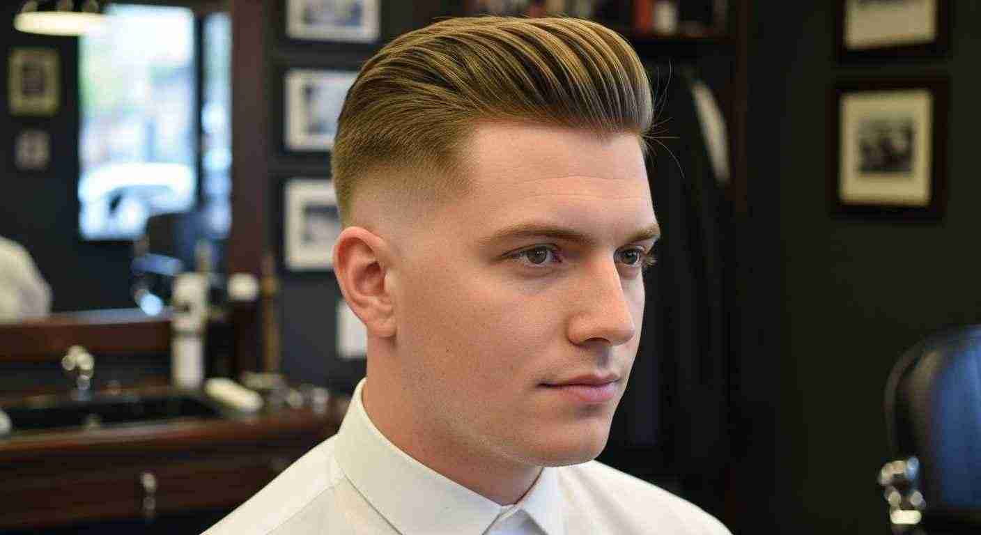 A man receiving a Classic Cuts Mid Fade haircut in a barber shop, showcasing the stylish transformation.