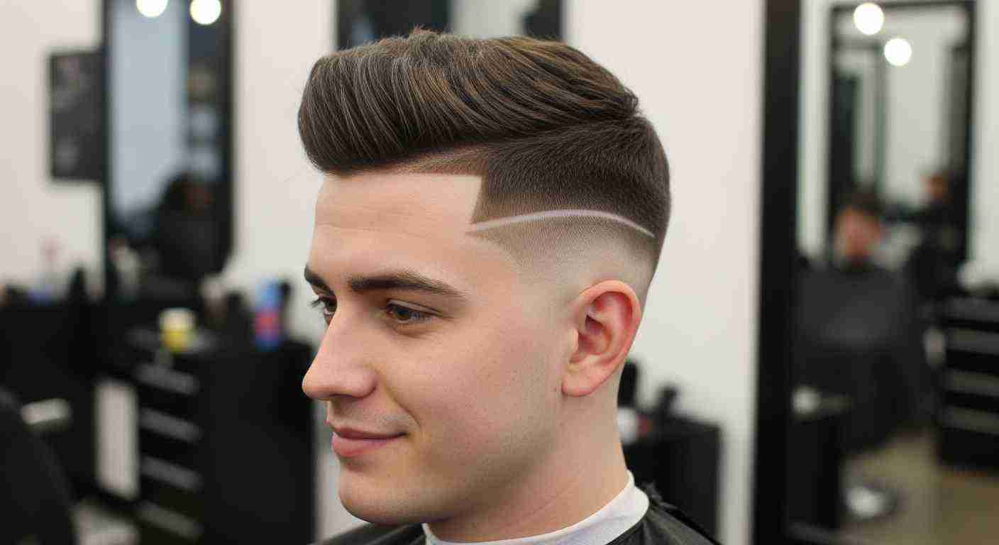 A man with a shaved undercut sits in a barber shop, discussing the fade height with the barber.