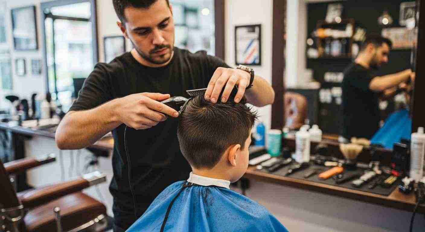 A barber is trimming a young boy's hair in a bright, welcoming barber shop.