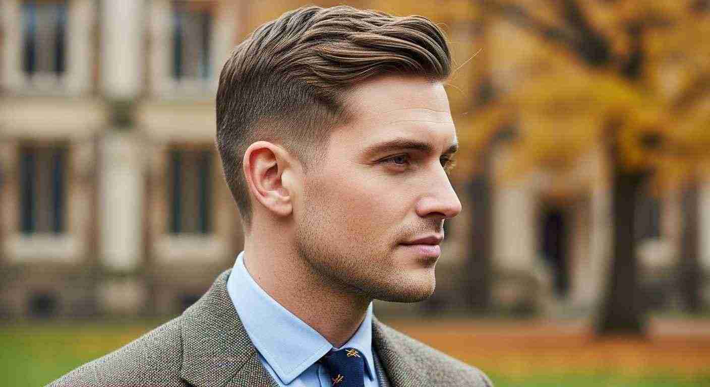Ivy League Hairstyle The Timeless Cut Every Man Should Try 11 A man in a suit and tie with a classic Ivy League hairstyle, looking thoughtfully to the side.