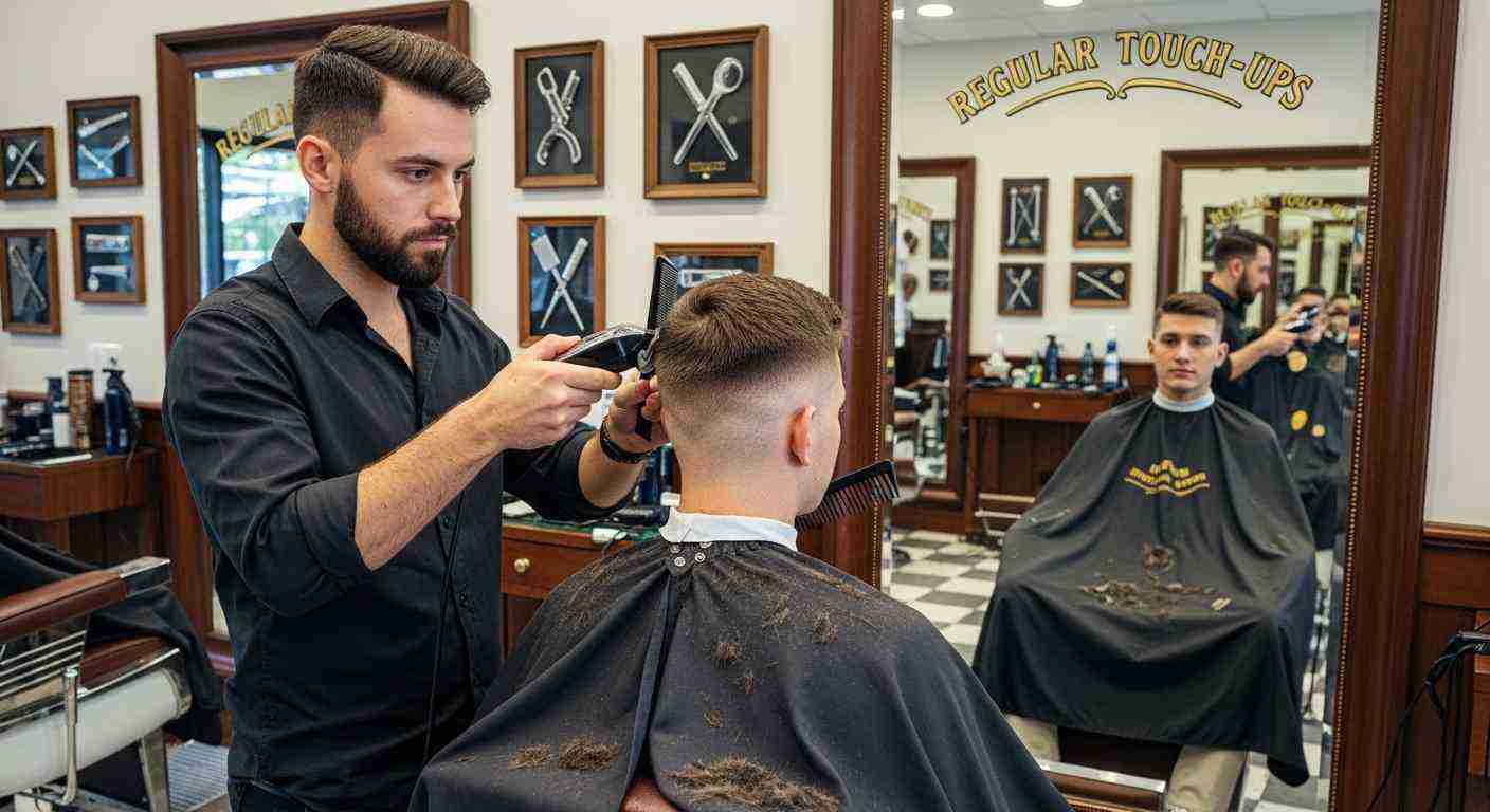 A man receiving a haircut in a barber shop, focusing on regular touch-ups for his fade hairstyle.