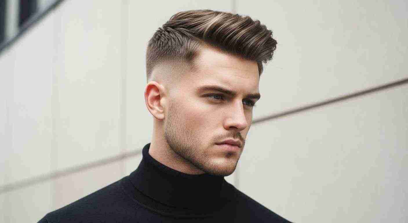 Ivy League Hairstyle The Timeless Cut Every Man Should Try 13 A man with a short haircut wearing a turtle neck, showcasing a modern textured Ivy League style.