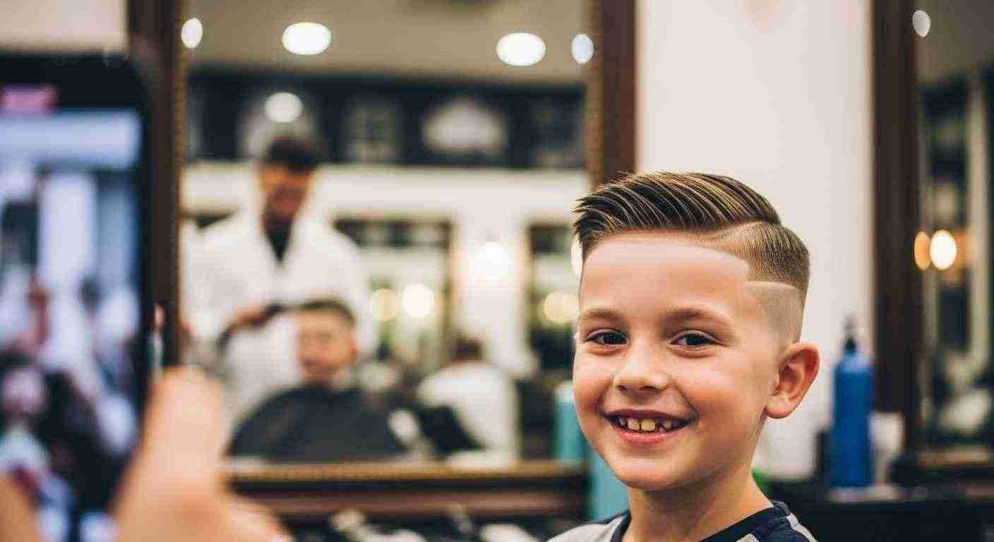 A young boy smiles happily while sitting in a barber's chair during his haircut.