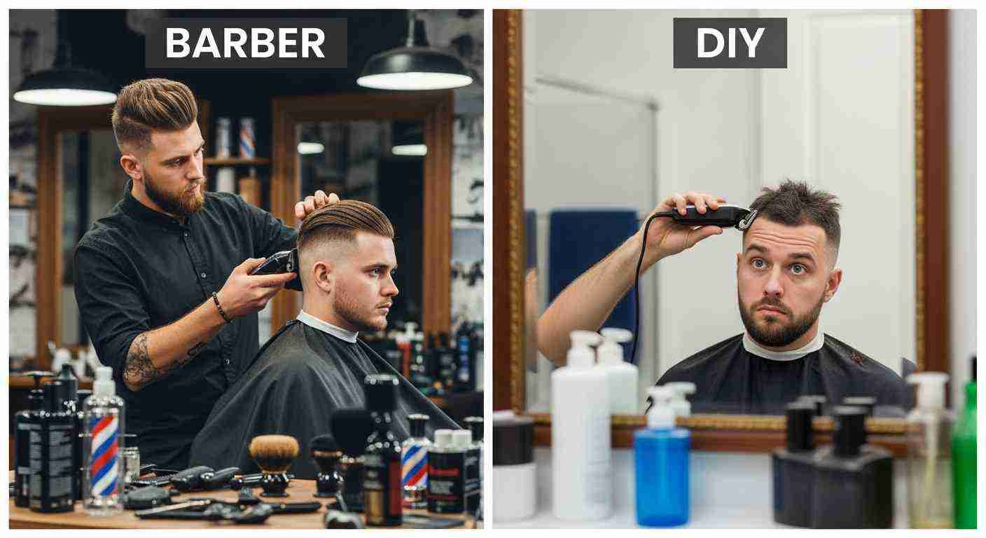 Two images: a man getting a haircut and a barber styling his hair, showcasing both professional and DIY approaches.